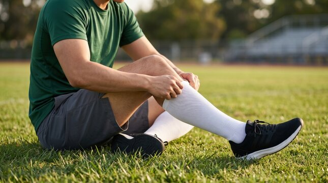 Man putting on compression sock on grass field. Healthy athlete wearing recovery gear after workout. Sports injury prevention, circulation improvement and leg care support concept.