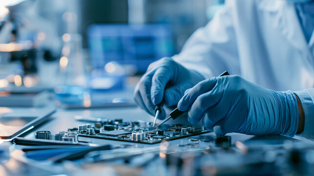Faceless technician repairing a motherboard in a clean lab environment, precision tools and components spread on the work surface, defocused lab equipment in background,