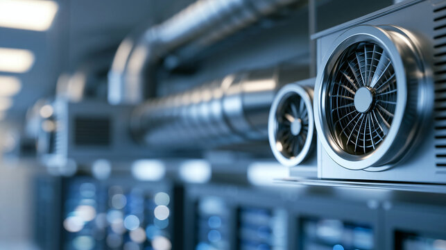 Modern data center cooling infrastructure with large industrial HVAC units and ventilation pipes running along a server room ceiling, defocused server racks in background, data