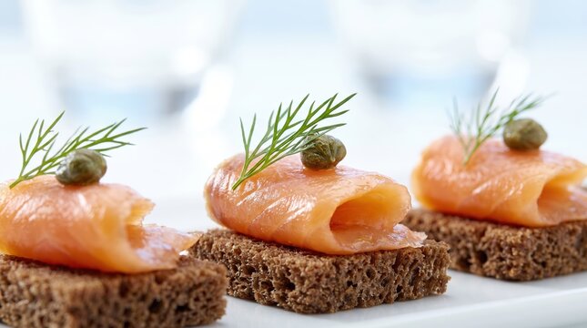 Smoked salmon appetizers on dark rye bread topped with fresh dill and capers for catering menus or holiday cocktail party food.