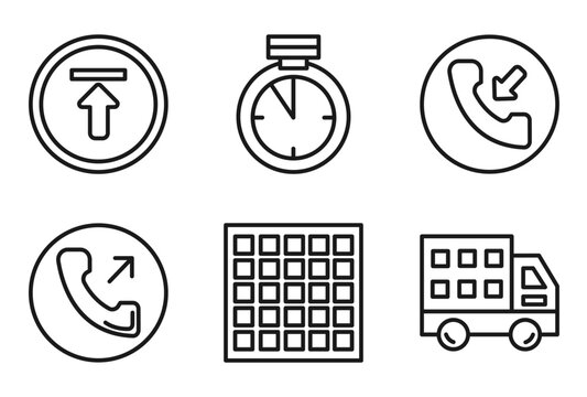 outline ultimate glyphicons icons set - upload arrow with bar, time almost full, incoming phone, big cargo truck. editable vector for web and mobile ui
