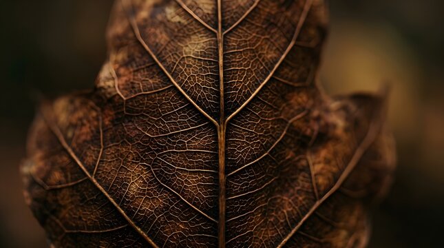 Close up macro view of a spider on a brown leaf showing leaf texture, veins and autumn colors in nature background