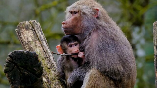 Barbary macaque mother cradles baby while sitting on weathered tree trunk in natural habitat video
