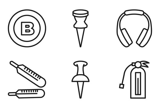 outline tools and utensils icons set - bold, attached, headphone variant, flame extinguisher. editable vector for web and mobile ui