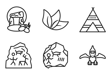 outline stone age icons set - stonehenge, leaf, tipi, pterodactyl. editable vector for web and mobile ui © IconArt