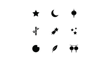 Oriental style night sky and lunar icons collection featuring stars moon and lanterns art. © Mrittunjoy