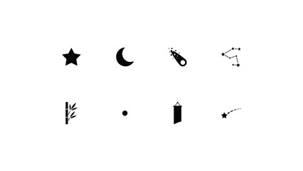Astronomy and nature icons representing stars crescent moon meteor constellation bamboo. © Mrittunjoy