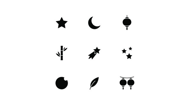 Oriental style night sky and lunar icons collection featuring stars moon and lanterns art.