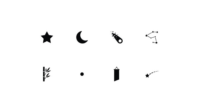 Astronomy and nature icons representing stars crescent moon meteor constellation bamboo.