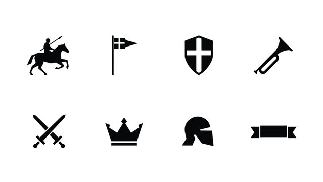 Medieval fantasy game icons featuring knight soldier horse flag shield horn sword crown.
