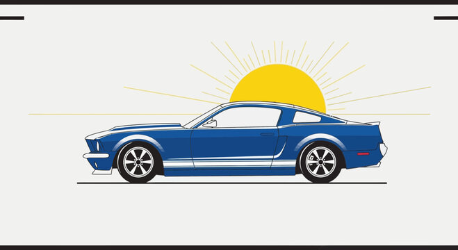 Classic Blue Ford Mustang Sports Car Silhouette at Sunrise