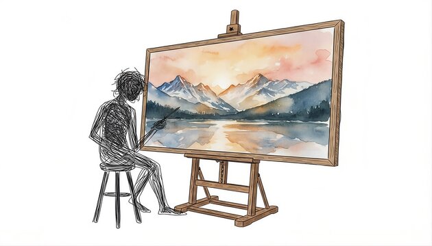 Scribble Line Art Artist Painting Golden Sunset Mountain Lake Watercolor Canvas Easel

