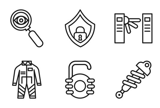 outline security icons set - insight, protector, turnstiles, shock absorber. editable vector for web and mobile ui