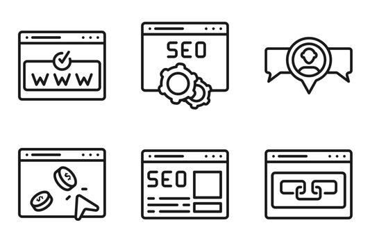 outline search engine optimization icons set - domain registration, seo and web, viral marketing, link. editable vector for web and mobile ui