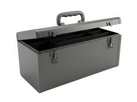A dark gray metal toolbox with an open lid and handle.