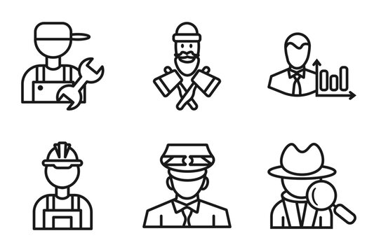 outline professions icons set - plumber, lumberjack, statistician, detective. editable vector for web and mobile ui