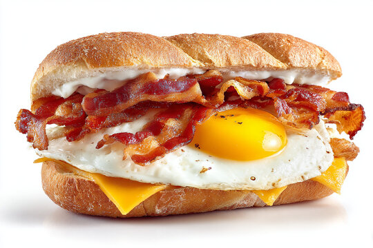 Breakfast sandwich with crispy bacon and fried egg, gourmet bacon egg and cheese roll, delicious morning meal on white background