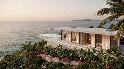 Fototapeta premium Modern Luxury Cliffside Villa Overlooking the Calm Ocean at Sunset