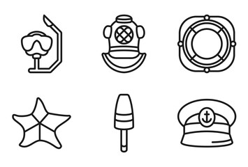 outline nautical icons set - snorkel, diving helmet, lifesaver, captain hat. editable vector for web and mobile ui © IconArt