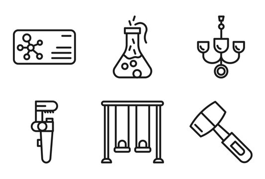 outline other icons set - chemistry business card, labaratory, chandeliers, mallet. editable vector for web and mobile ui