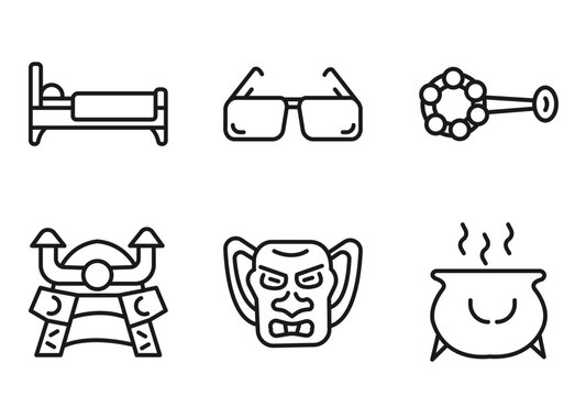 outline other icons set - sleeping bed, vintage eyeglasses, baby's rattle, caudron. editable vector for web and mobile ui