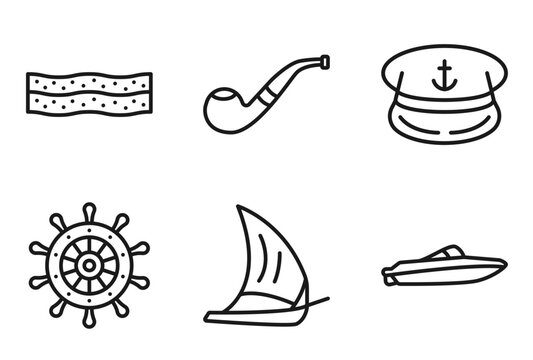 outline nautical icons set - salt water, pipe, sailor cap, speedboat. editable vector for web and mobile ui