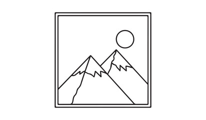 Fototapeta premium Simple line art frame icon of mountain landscape with sun for picture gallery symbol vector