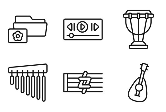 outline music and media icons set - image archive, music player tings, timpani, mandolin. editable vector for web and mobile ui
