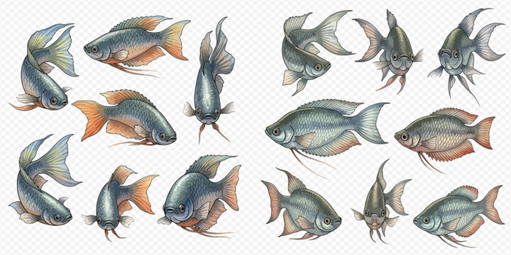 Set of watercolor fish illustrations on a transparent background, depicting various freshwater and marine species in different poses.