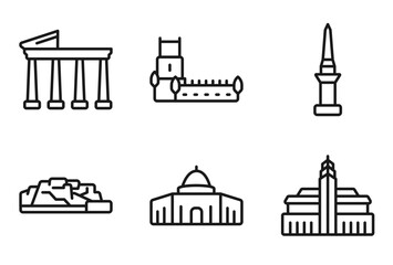 Fototapeta premium outline monuments icons set - temple of apollo, belem tower, philippines, hassan mosque. editable vector for web and mobile ui