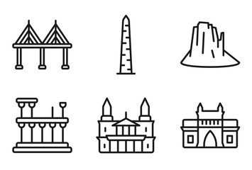Fototapeta premium outline monuments icons set - t, walled obelisk, canyon, gat of india. editable vector for web and mobile ui