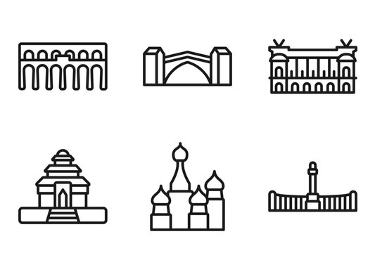 outline monuments icons set - segovia aqueduct, stari most, palais garnier, retiro park. editable vector for web and mobile ui