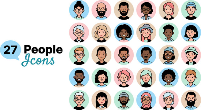 Collection of 27 diverse cartoon people icons in various colorful backgrounds