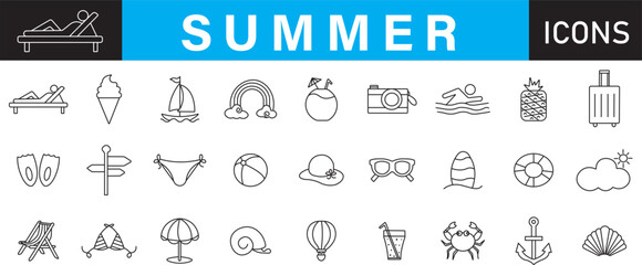Summer beach vacation icons set. Vector linear outline icon pack for tropical travel, holiday, resort, and nautical elements. © Amna