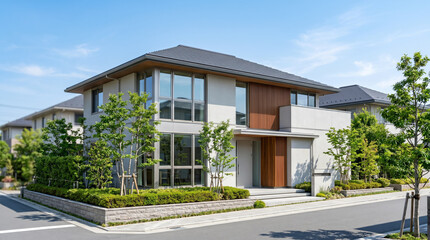 Fototapeta premium モダンな一戸建て住宅の外観と青空に映える植栽のエクステリア