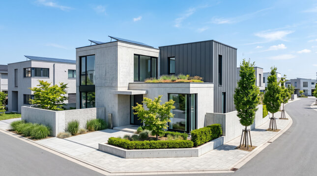 モダンな一戸建て住宅の外観と青空に映える植栽のエクステリア
