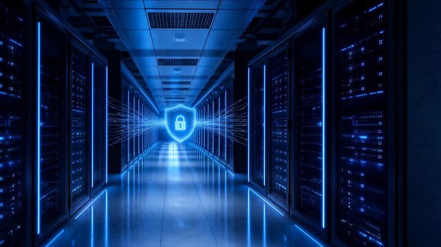 Secure Data Center: A futuristic data center illuminated by vibrant blue light, with rows of server racks and a glowing digital shield symbolizing data security and protection.
