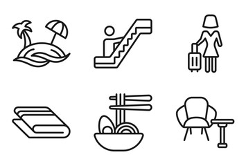 Fototapeta premium outline hotel and restaurant icons set - beach, or, guest, lounge. editable vector for web and mobile ui