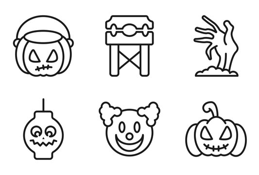 outline halloween icons set - pumpkin basket, pillory, zombie hand, pumpkin lantern. editable vector for web and mobile ui