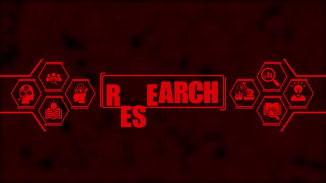 Digital research concept animation with hexagon and glowing red interface for business data analysis and scientific study presentation