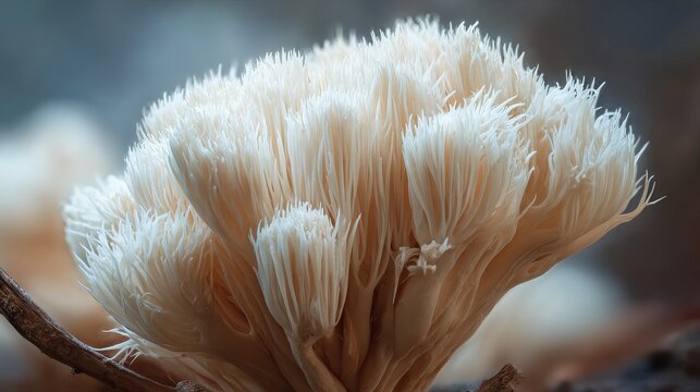 A striking close-up reveals the unique, fluffy texture of a Lion's Mane mushroom growing naturally in a forest environment.