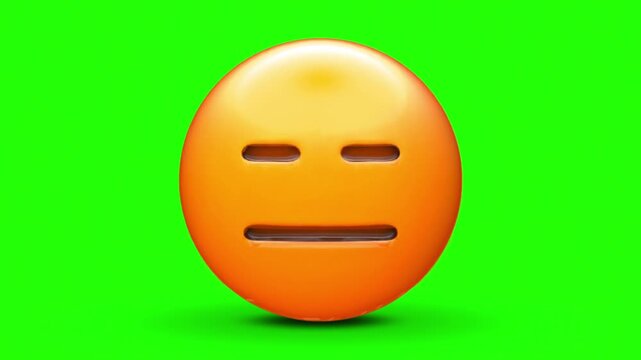 3D Expressionless Emoji Face 4k stock animation video on a green screen for chroma key background in video editing.