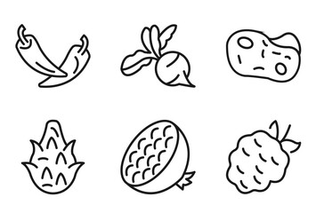 Fototapeta premium outline fruits and vegetables icons set - pepper, radish, potato, blackberry. editable vector for web and mobile ui