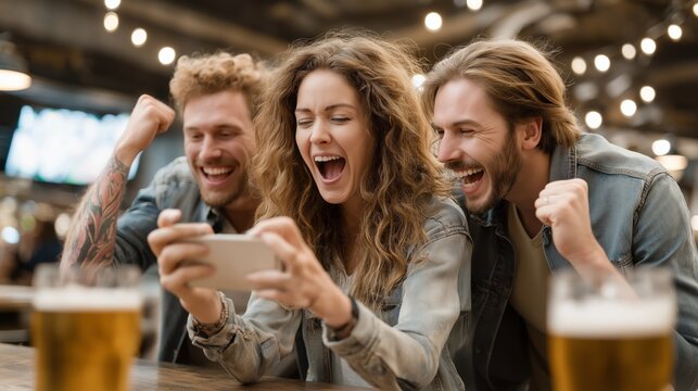 Excited young adult friends celebrating football match victory while watching live soccer game on mobile phone in bar