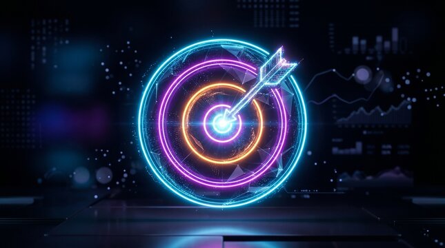 Holographic target goal icon glowing neon pierced digital arrow.
