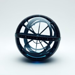 Fototapeta premium Intricate spherical astrolabe design. Metallic structure, blue highlights, detailed rings, complex instrument. Science, astronomy concept.