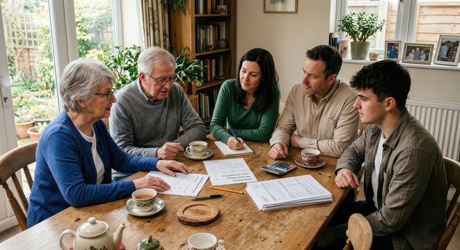 Five people gathered around a wooden table discussing documents and finances in a cozy home setting.
