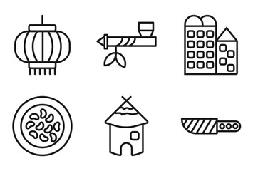 Fototapeta premium outline culture icons set - chinese lantern, pipe of peace, bo kaap, knife in sheath. editable vector for web and mobile ui