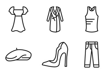 Naklejka premium outline clothes collection. icons set - chiffon dress, housecoat, sleeveless shirt, jeans. editable vector for web and mobile ui