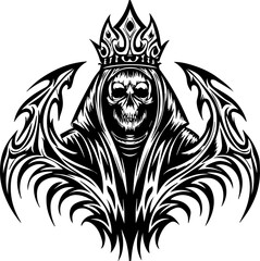 Fototapeta premium SVG vector illustration of a dark style skeleton tattoo wearing a crown.Skull crowned with ornate king crown in black and white illustration